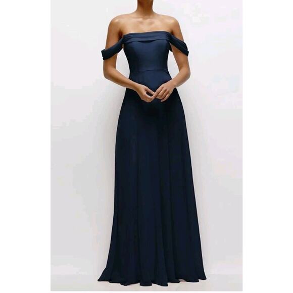 Dessy Group Thread Off The Shoulder Draped Neckline Maxi Dress Navy Size 10 - Picture 1 of 11